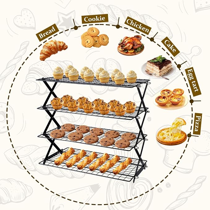 4 Tier Cooling Rack, Adjustable Collapsible Stainless Steel Baking Rack | Tight-Mesh X-Frame Stand for Cookies, Bread, Cakes, Pastries and Meal Prep