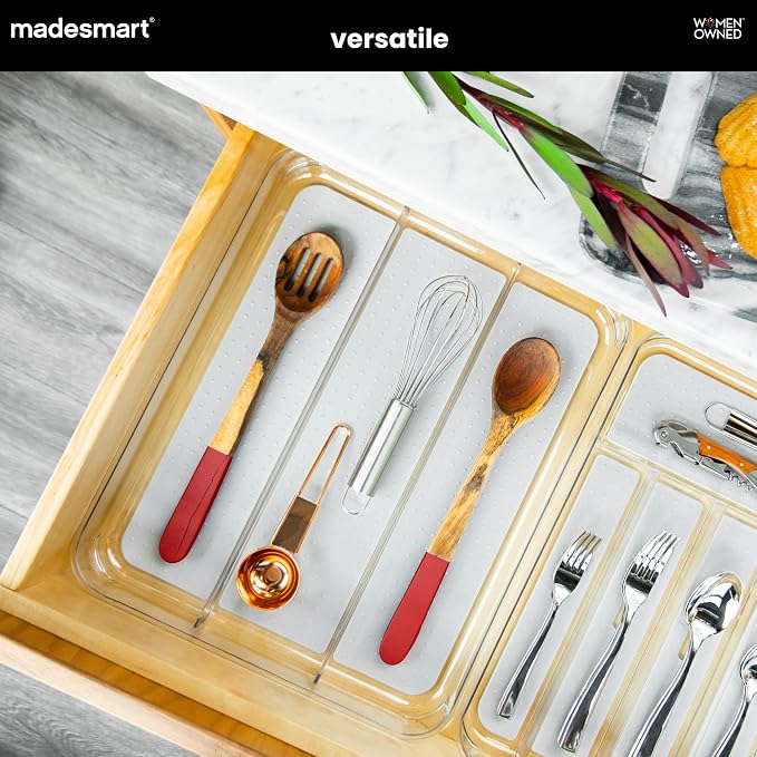 madesmart Clear 3 Compartment Utensil Tray, Grey | non slip feet, rounded corners, see through design, soft grip lining, wide channels, spatulas whisks tongs, woman owned