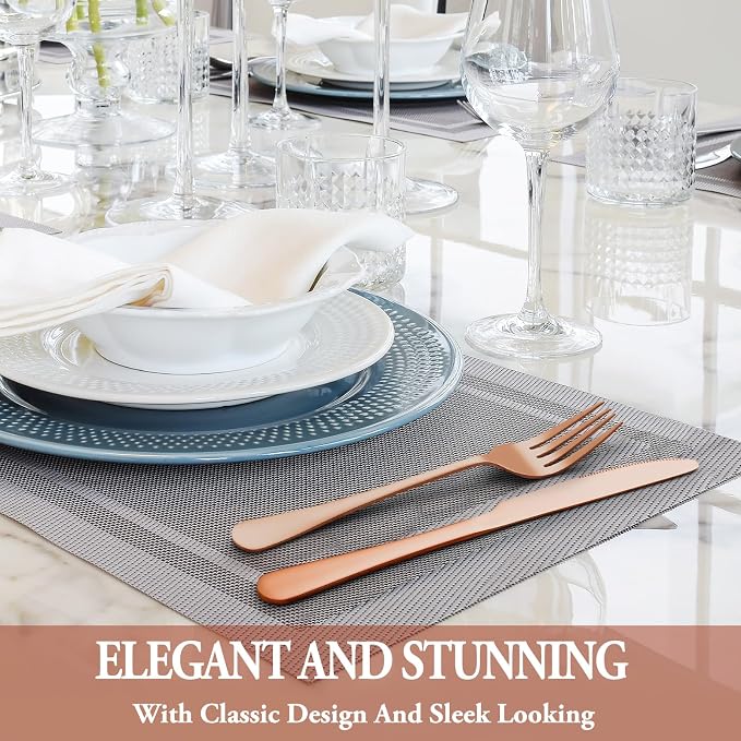 36 Pcs Rose Gold Silverware Set with Steak Knives, Stainless Steel Flatware Cutlery Set for 6, Kitchen Tableware Sets, Utensil Sets for Home and Restaurant, Dishwasher Safe