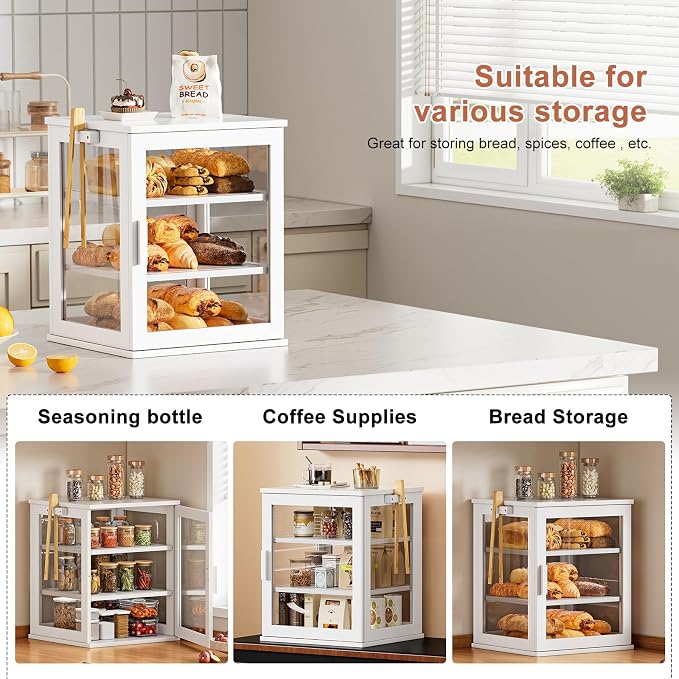 WOWLIVE Bread Box for Kitchen Countertop, 3 Layers Bread Storage Container | Large Bamboo Bread Bin for Homemade Bread with Window, Farmhouse Breadbox Organizer for Kitchen, Cabinet, White, Extra Large