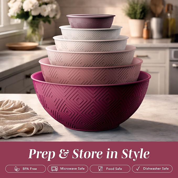 COOK WITH COLOR Mixing Bowls with Lids - 12 Piece Plastic Nesting Bowls Set includes 6 Prep Bowls and 6 Lids, Microwave Safe Mixing Bowl Set, Rose Rhombus