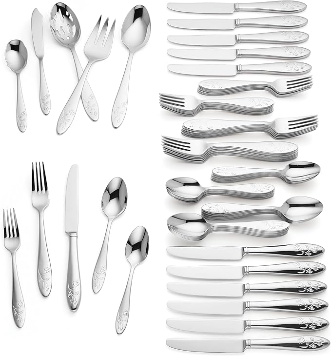 Lenox Butterfly Meadow 65-Piece 18/10 Silverware Set for 12, Flatware | silver, dishwasher safe | includes serving spoons and utensil set | heavy duty, cutlery set for kitchen and dining