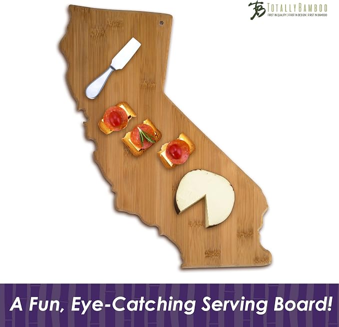 Totally Bamboo 20-7962CA California State Shaped Bamboo Serving and Cutting Board | State charcuterie board with natural bamboo grain. Knife-friendly surface for food prep. Hang tie for wall display.