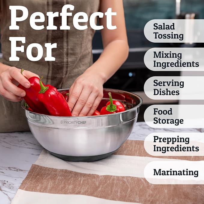 6Pc Stainless Steel Mixing Bowls with Lids Set, Huge 7 Qrt Size Metal Bowl Set for Kitchen, 3 Graters, Non-Slip Bases & Silicone Utensils Set, Grey