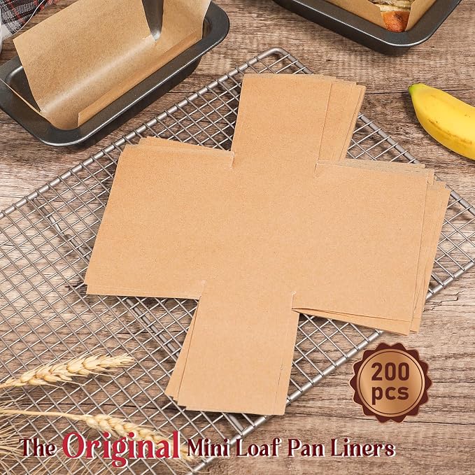 Webake 200Pcs Unbleached Parchment Paper Mini Loaf Pan Liners for 6x3 Small Banana Bread Pan, Original Precut, Non Toxic Baking Paper