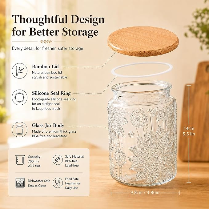 Vintage Glass Jar with Bamboo Lid, 23.7 FL oz - Airtight Decorative Food Storage Canisters for Kitchen Counter, Ideal for Candy, Sugar, Coffee, Cookies (Sunflower*2)