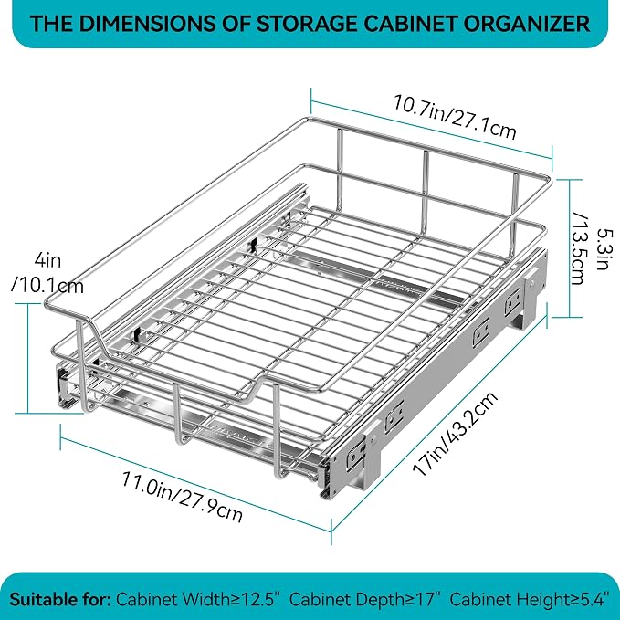 Pull Out Cabinet Organizer 11" W X 17" D, Chromed, Full Slide Out Drawers | For Kitchen Organizers and Storage, Pull Out Drawers For Cabinets Capacity Heavy Duty Caddy, Cabinet Shelves, Bathroom Pantry