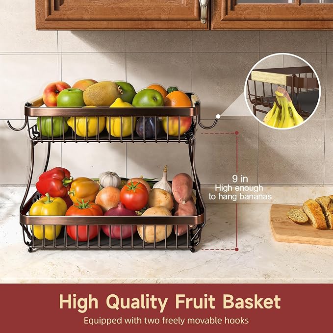 2-Tier Fruit Basket with Banana Hangers, Detachable Metal Bowl | Wooden handle, protective mats included. Versatile holder for bread, snacks, and veggies. Extra Large 2 tier metal design.