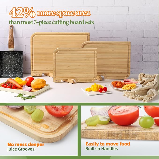 Golffox Wood Cutting Board Set, Bamboo Chopping & Charcuterie for Kitchen | Non Toxic Bamboo Cutting Board with Stand, Built-in Handles, Deep Juice Grooves, for Meat, Vegetables, Cheese & Fruits