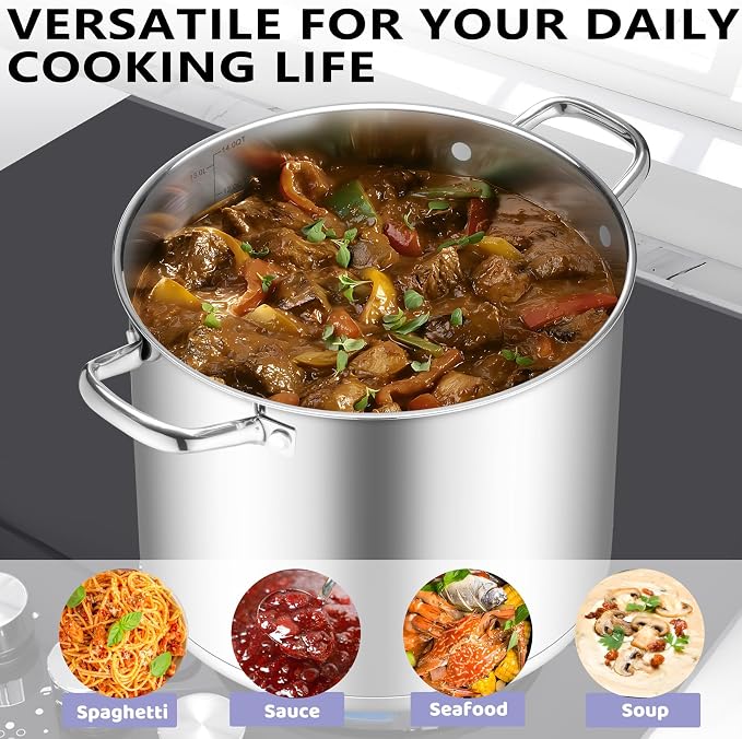 TeamFar Stainless Steel Stock Pot, 14QT Tri-ply Bottom Large Stockpot | Cooking Soup Pot with Lid, for Induction Gas Electric Glass Tops, Non Toxic & Sturdy, Straight Side & Various Stovetops Safe