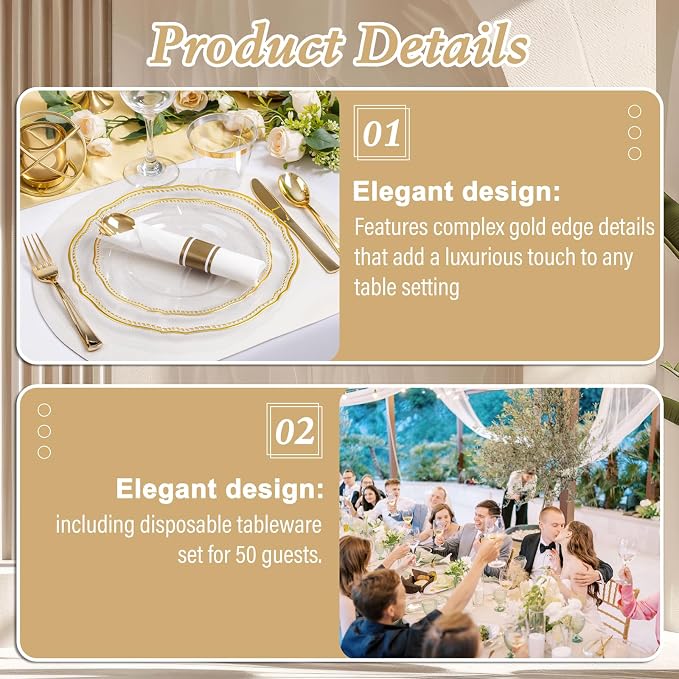 350 Pcs Clear Gold Plastic Plates for Wedding & Party | Gold Plastic Dinnerware Set Includes 50 Dinner Plates, 50 Dessert Dinnerware, 50 Cups, 50 Rolled Napkin Cutlery Perfect