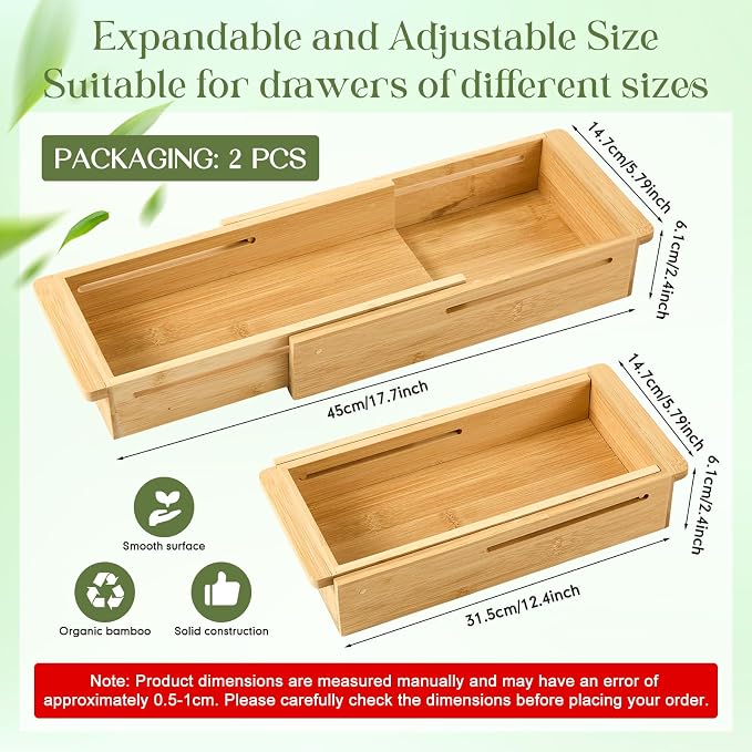 LemonRoad 2 Pcs Sliding Drawer Organizer 12.4-17.7 Inch Bin Bamboo Drawer Expandable Bins Utensil Organizer for Kitchen Spoons Forks Knives (Wood)