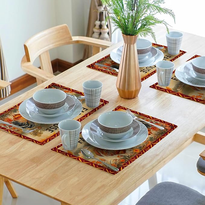 Farmhouse Rooster Placemats Set of 4 Vintage Chicken Farm Table Mats Rustic Country Style Heat Resisting Non-Slip Place Mat for Home Party Indoor Kitchen Dining Table Decoration 12x18 Inch