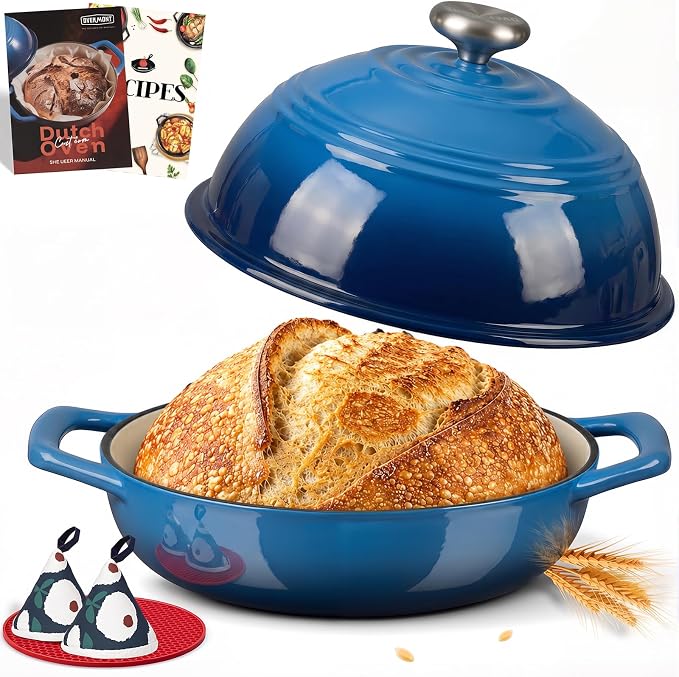 Overmont Enameled Cast Iron Dutch Oven, 6QT Bread Oven with Dome Lid Recipe | Tall Bread Pot with Potholders, for Sourdough Bread Baking Artisan Loaves, Crispy Crust & Better Oven Spring, 500°F Oven Safe