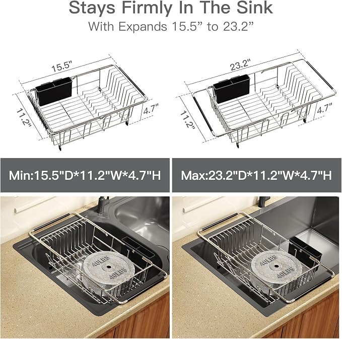 Dish Drying Rack Over The Sink with Utensil Holder, Drainboard | Expandable Stainless Steel Dish Drainer for Small Kitchen, Apartment, RV, Counter Space Saving, Perfect Fit, Rustproof