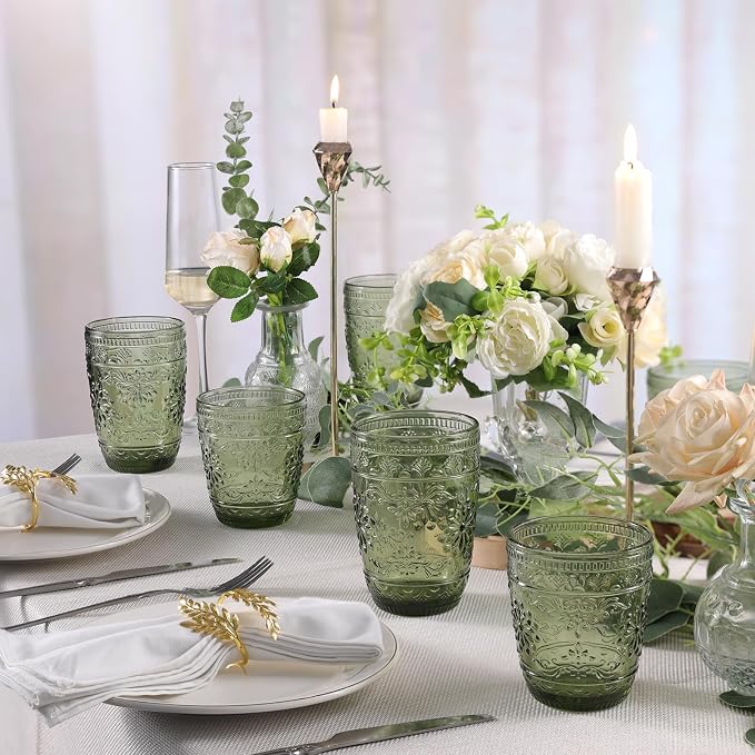 abrwyy Green Drinking Glasses, Vintage Glassware, 14oz Green Glass Cups | Lead-Free Glass, Thick&Durable Glass, Home Decoration, Drinking Glasses Set of 6