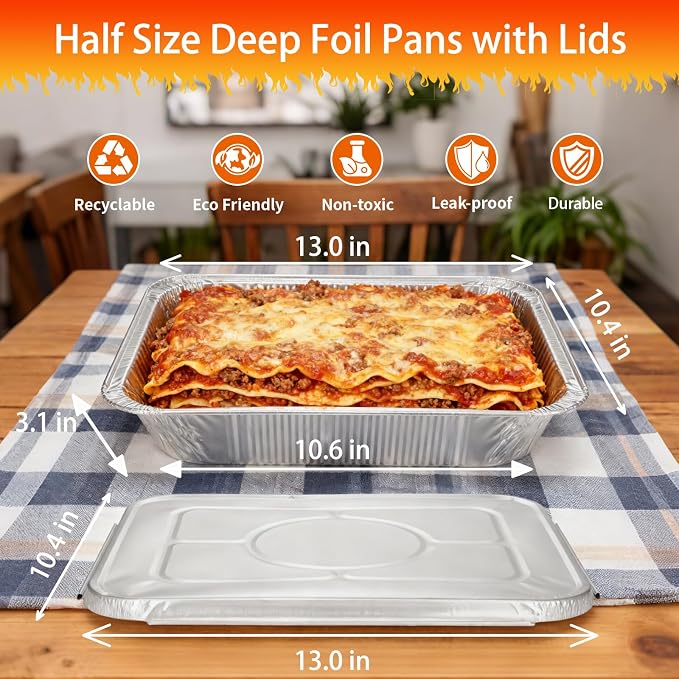 9x13 Aluminum Foil Pans with Lids Disposable - Half Size Aluminum Foil Heavy Duty Deep Bakin Pan, Tin foil Turkey Sheets Tray Chafing Grill Accessories for Cooking, Baking, Storing, Food Prepping
