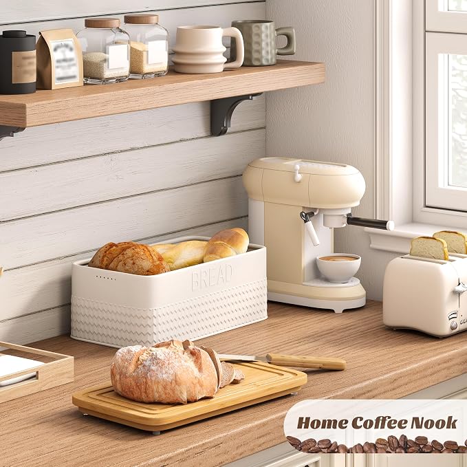 kiplant Bread Box for Kitchen Countertop, Large Bread Storage Container with Bamboo Lid, Iron Farmhouse Bread Box for Your House, White