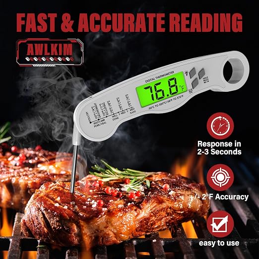 AWLKIM Meat Thermometer Digital, Instant Read Food Thermometer, White | Waterproof cooking thermometer with doneness chart, backlight, F/C switch for BBQ, candy, oil