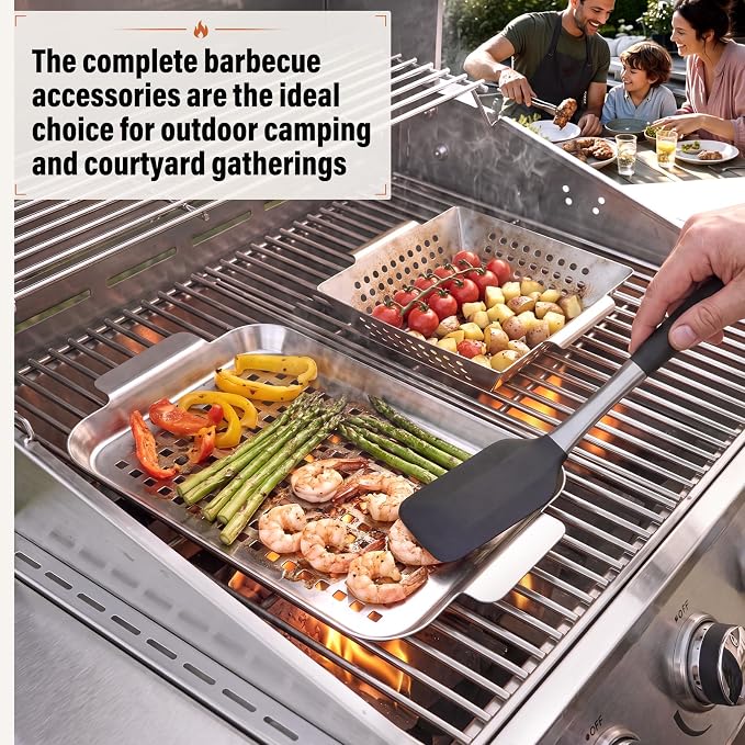 2 Pack Grilling Accessories Outdoor Grill Topper Vegetables Grill Baskets for BBQ, Grilling Pans Trays Griller Baskets with Holes and Handles, Carbon Steel