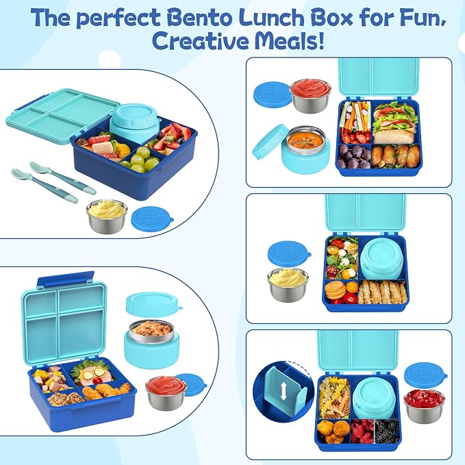 Aimsnk Kids Lunch Box with Thermo Insulated Lunch Bag for School, Blue | Kids Bento Lunch Box with 8oz Food Jar, Leak Proof Hot Soup Lunch Containers with 4 Compartment, Warm Lunchbox for Toddler