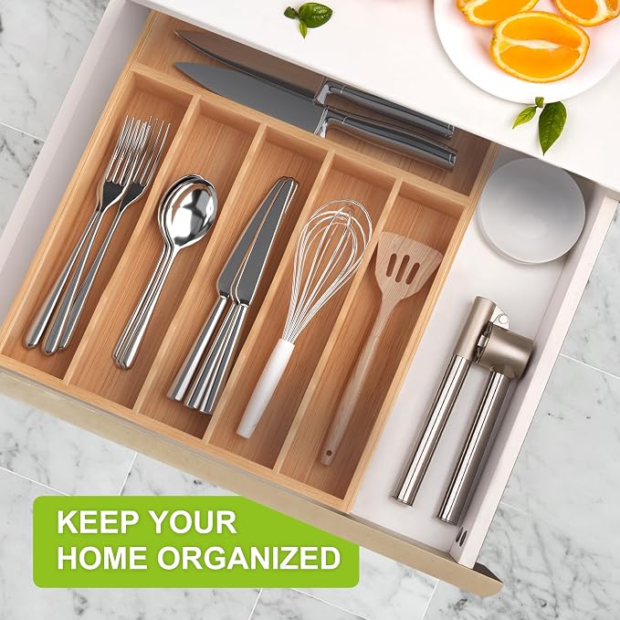 Unibambou Bamboo Silverware Drawer Tray, Kitchen Flatware Cutlery Organizer | 7 slots kitchen storage tray, Natural Bamboo Material, Perfect organizer for flatware cutlery utensils, 12"W x 16.5"D x 2"H
