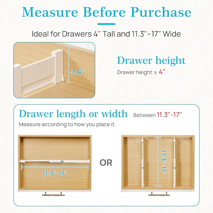 Vtopmart 4" High Drawer Dividers for Clothes, 11.3"-17" Expandable, 12 Pack | Adjustable Drawer Organizer, Dresser Clothes Separator, Baby Clothing Storage, Kitchen & Office Organization, Space Saving