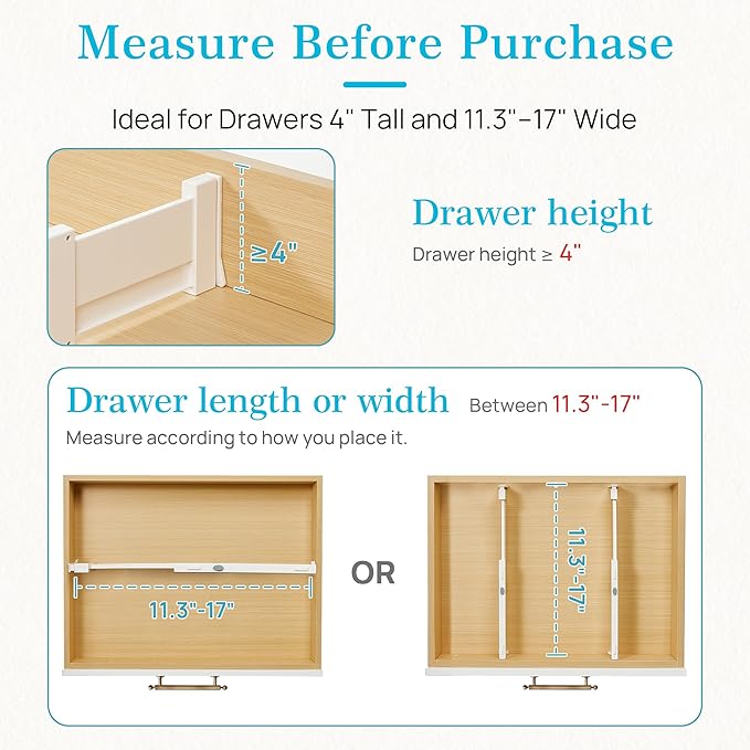 Vtopmart Drawer Dividers for Clothes 8 Pack, Adjustable 4" High Expandable from 11.3"-17" Dresser Drawer Organizer, Plastic Drawers Separators for Dresser, Baby Clothes, Kitchen and Office Storage | Adjustable Drawer Organizer, Dresser Clothes Separato...