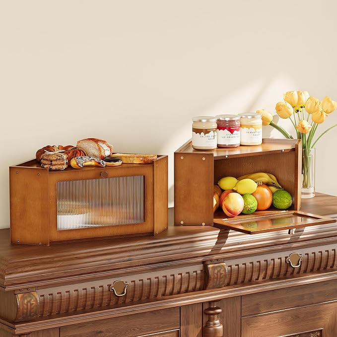 Trironsun Corner Bamboo Bread Box for Kitchen Counter Large Capacity Rustic Bread Storage Container with Wavy Arcylic Transparent Door Vintage Storage for Homemade Bread (Brown)