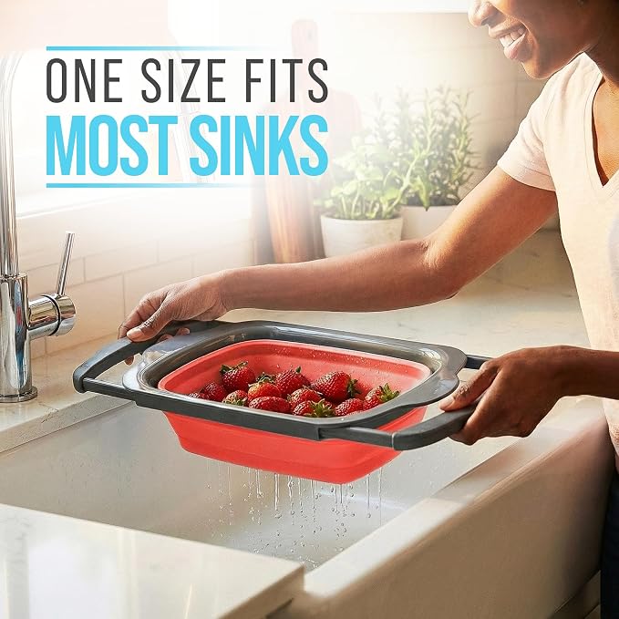 Comfify Coral XL Collapsible Silicone Over Sink Colander – 6 Quart | Coral; extends 25" to span sink; both hands free; collapses flat; 6 Qt; heat resistant 176F; pasta, veg, fruit