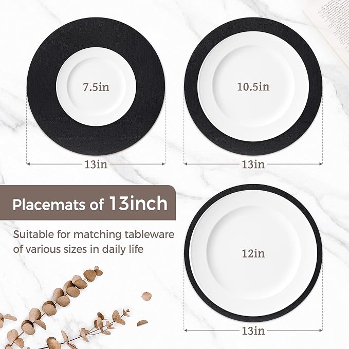 13" Round Placemats Set of 8, Reversible Faux Leather Wipeable Table Mats | 2mm Vinyl Heat Resistant, Waterproof Oilproof Scratch Proof Non-Slip, Washable for Kitchen Dining Indoor Outdoor (Black)
