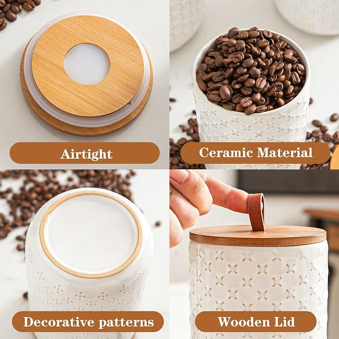JOJUNO White Ceramic Canister Set with Wooden Lids – 3-Piece Airtight Food Storage Jars for Kitchen, Embossed Design, Small/Medium/Large Sizes (30/48/82 oz) – Flour, Sugar, Coffee, Tea Containers
