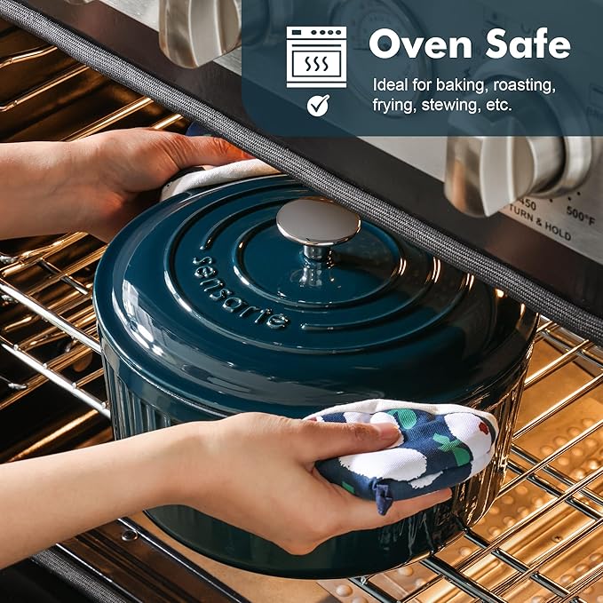 SENSARTE Enameled Cast Iron Dutch Oven Pot with Lid 3.5/5.5/6.5 Quart Heavy-Duty Round Dual Handles Kitchen Pot with Cotton Potholders & Silicone Trivet, Pot for Bread Baking, Stews, Braising, Roasting, Oven Safe, 6.5 Quart, Emerald Green