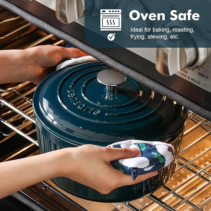 SENSARTE Enameled Cast Iron Dutch Oven Pot with Lid 3.5/5.5/6.5 Quart Heavy-Duty Round Dual Handles Kitchen Pot with Cotton Potholders & Silicone Trivet, Pot for Bread Baking, Stews, Braising, Roasting, Oven Safe, 3.5 Quart, Emerald Green