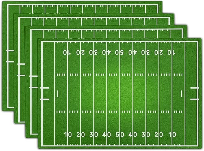 Football Placemats Set of 6 18x12 Inch Football Field Sport Themed Linen Place Mats Heat-Resistant Washable Wipeable Green Table Mat for Party Kitchen Dining Room Dinner Table Decor