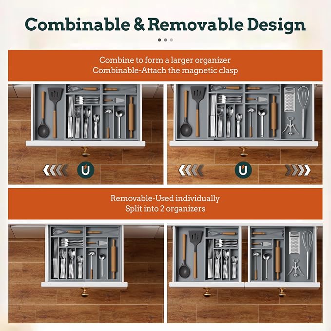 Magnetic Expandable Silverware Drawer Organizer, 13 Slots Utensil Gray | Magnetic Connected, Expandable 21-37.4 Inch, 13 Divided Slots, Gray Cutlery Utensil Organize Kitchen