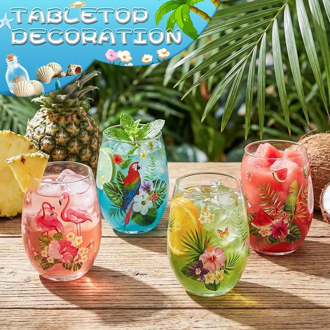 Nuogo 4 Set Summer Tropical Stemless Wine Glasses 17oz Flamingo Parrot Wine Tumblers Hawaii Colorful Flower Leaves Glass Cups Gift for Tiki Luau Party Pool Birthday