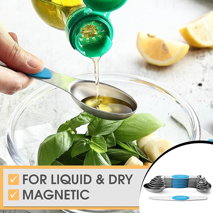 Spring Chef Stainless Steel 8 Magnetic Measuring Spoons for Kitchen, Teal | Dual Sided Metal Teaspoon & Tablespoon Measuring Spoons with Leveler for Dry & Liquid Ingredients, Stackable, Dishwasher Safe