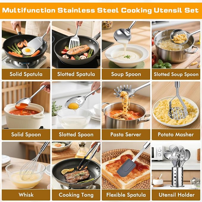 12 Pcs Stainless Steel Cooking Utensils Set, Metal Kitchen Tools Include Utensil Holder, Solid & Slotted Spatula, Spoon, Ladle, Pasta Server, Potato Maseher, Egg Whisk,Cooking Tong, Flexible Spatula