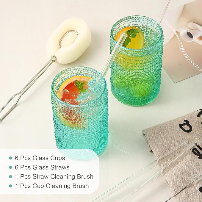 ZMOWIPDL Drinking Glasses Set of 6,15 oz Lake Blue Hobnail Glass Cups | Vintage Glassware，Embossed Water Tumbler,for Beer,Cocktail,Whiskey,Juice and Various Mixed Drinks- 1 Cleaning Brush