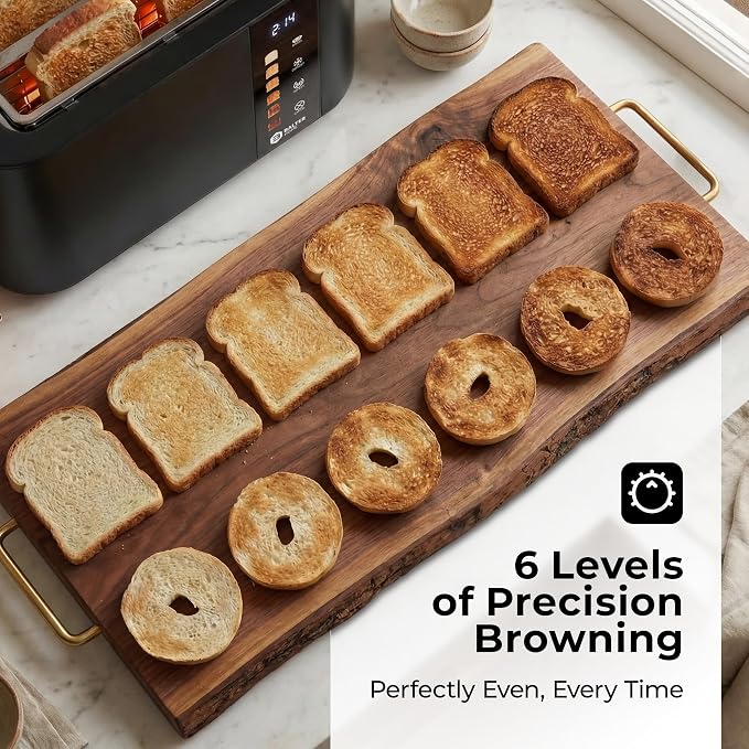 Balter Toaster 4 Slice Wide Slot, Bagel Function, Long Slot, Stainless Steel, Touch Screen, Built-in Rack, Extra-Wide 1.5" Slots for Thick Breads & Bagel, Timer, BPA-Free, Removable Tray, Black