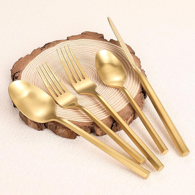 Matte Silverware Set Gold Flatware Set with Hexagon Handle 20 Pieces 18/0 Stainless Steel Cutlery Set Wedding Housewarming Gift Service for 4 (Matt gold)