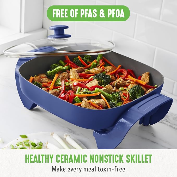 GreenLife 12" 5QT Electric Skillet, Blue | PFAS-Free Ceramic Nonstick Coated Interior, Glass Vented Lid, Temperature Control, Dishwasher Safe, Pancakes, Eggs, Bacon