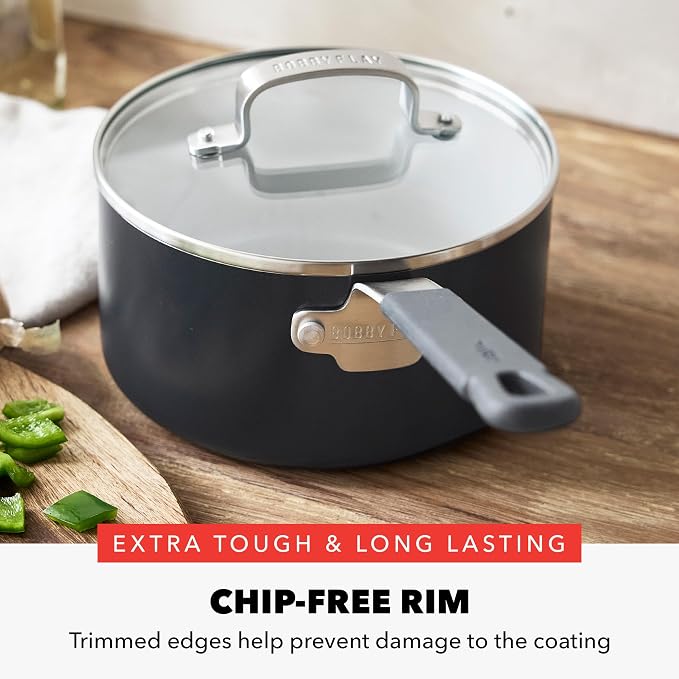 GreenPan x Bobby Flay 2.5QT Ceramic Nonstick Saucepan with Lid, Graphite | PFAS-Free Diamond Ceramic Nonstick Chef Pan, Silicone Handle, Induction & All Stovetop Compatible, Dishwasher and Oven Safe