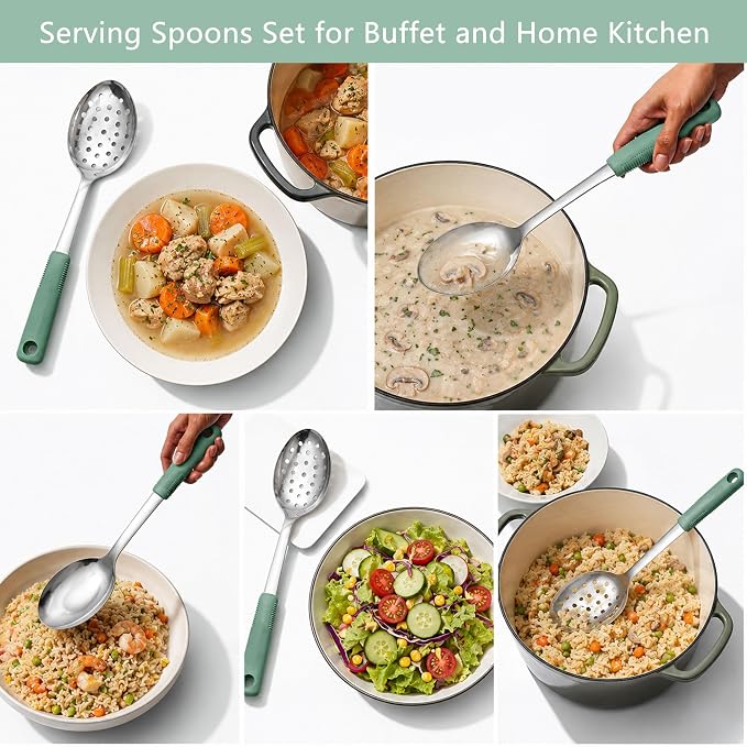 Serving Spoon Set with Silicone Handles,2-Piece spoon | Stainless Steel Serving Spoon, Slotted Spoon & Soup Ladle Set for Buffet and Home Kitchen