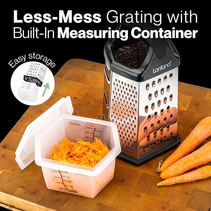 Cheese Grater with Container, Handheld Shredder, Zester (6 in 1) | 6 grating functions, coarse, medium, fine, micro, slicer blades, non-slip base, fitted measuring container with lid