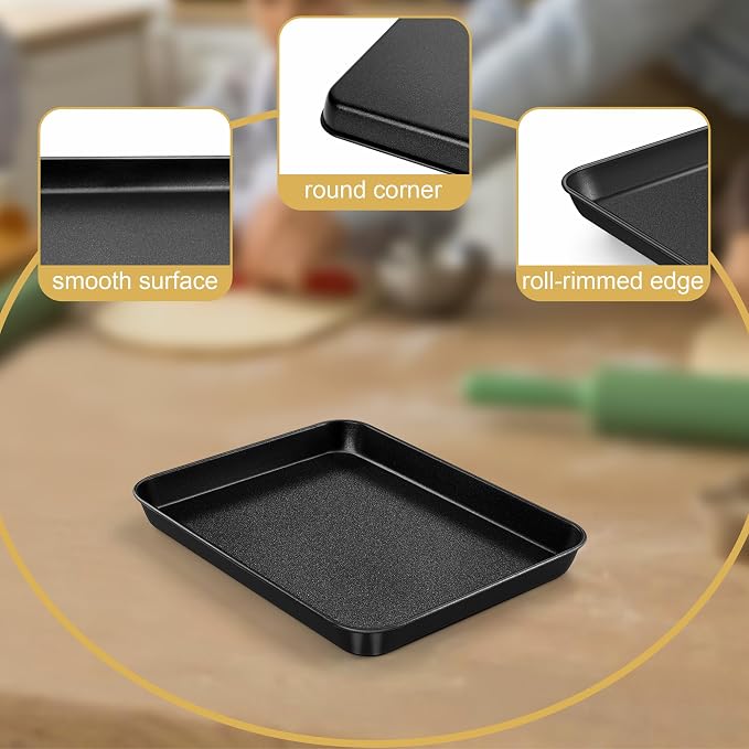 E-far Mini Toaster Oven Pan, 9x7x1 Inch Small Baking Sheet Tray for Cookies Cake, Nonstick Carbon Steel Baking Pan for Bacon Steak, Nontoxic & Easy Clean, Heat & Warp Resistant