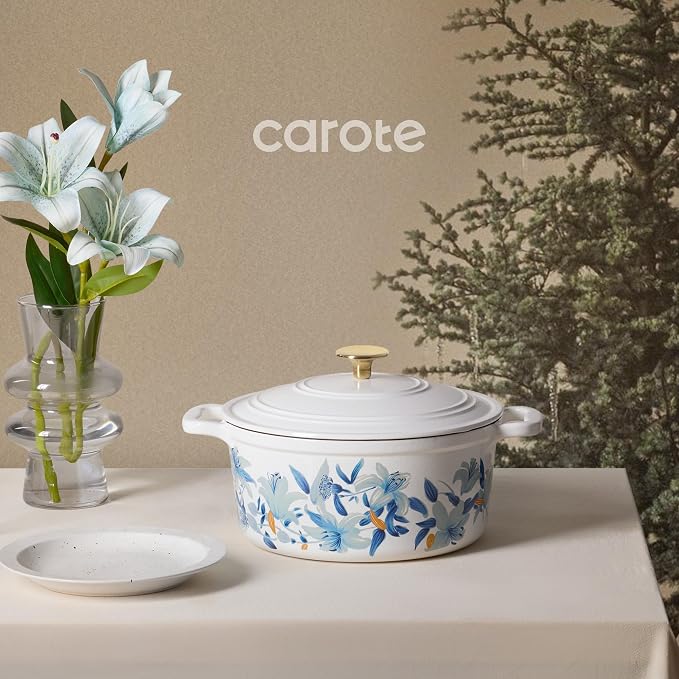 CAROTE 5QT Enameled Floral Cast Iron Dutch Oven Pot with Lid | Sourdough Bread Baking with Cotton Potholders & Oven Gloves, Gift Box, Cookware for Braising, Oven Safe up to 500° F