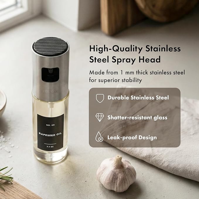 Oil Sprayer Set of 2 – Oil Spray Bottle Made of Stainless Steel & Glass, for Healthy Cooking, Sprayer for Precise Dosage, for Cooking Oil & Vinegar Including 20 Labels, Funnel