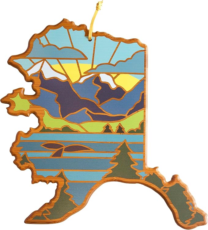 Totally Bamboo Alaska State Shaped Cutting Board, Summer Stokes Art | State charcuterie board with colorful hand-drawn landscape art. Smooth reverse side for food prep. Hang tie for wall display.